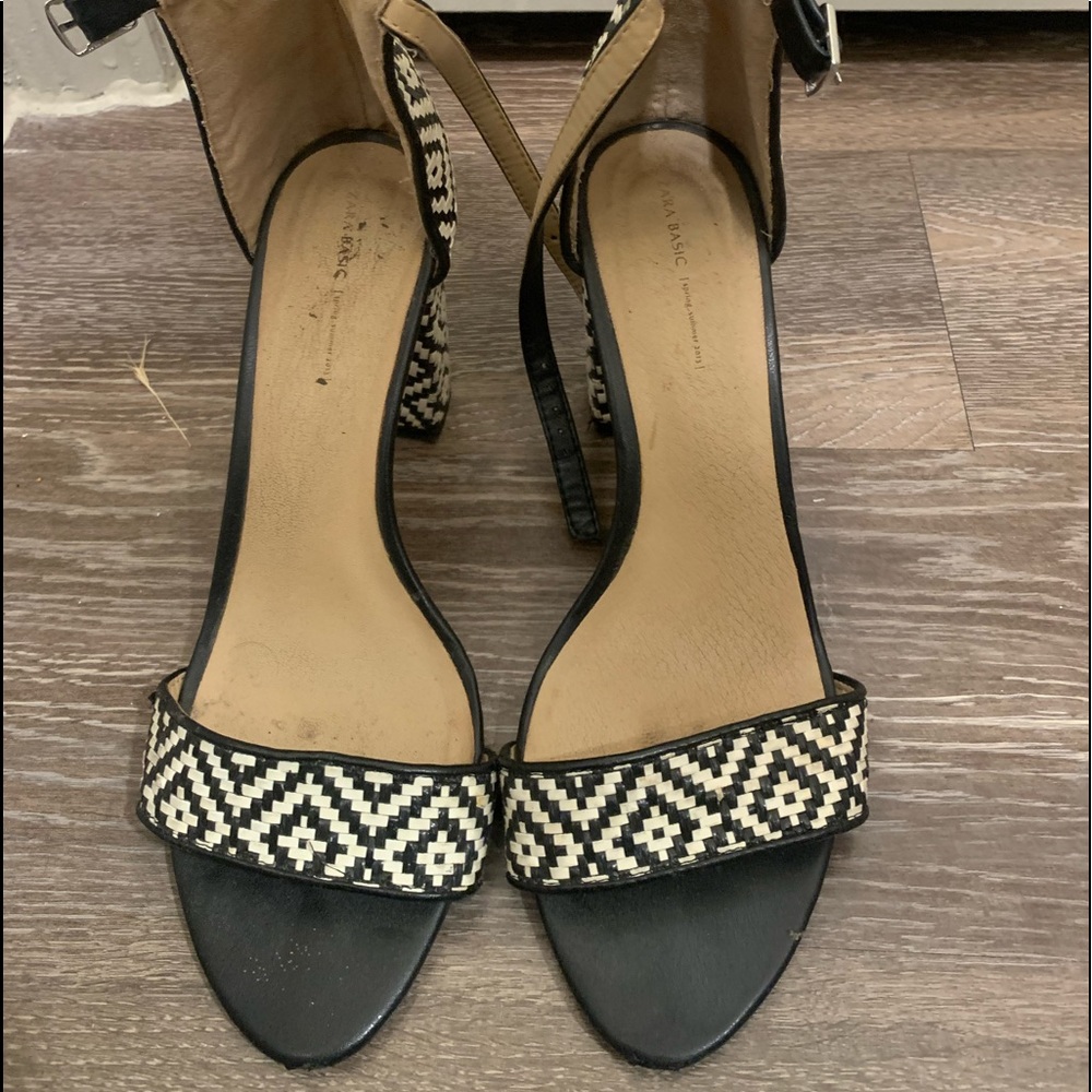Zara Black and White Ankle Strap Chunk Heel